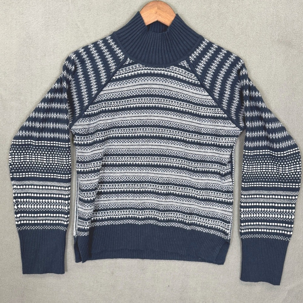 Cyrus Sweater Women S Navy Blue White Fair Isle Mock Neck Raglan Knit Pullover